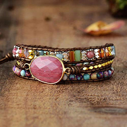 Handmade Boho Wrap Bracelets Natural Turquoise Crystal Stone Variety Beaded Strand Bracelet - color: Red Agate