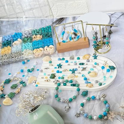 1860Pcs Ocean Beads for Bracelets Making Kit, Blue and White Summer Beach Bead for Jewelry Making, Sea Turtle Shell Starfish Shape Beads 8mm Round Cly Bead for DIY Craft Bracelets Earring (Blue) - color: Blue