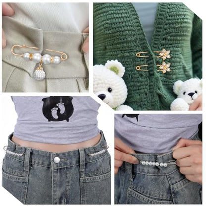 24/16 Pcs Pearl Brooch Pins Set, Decorative Safety Pin | Pant Waist Tightener Pins for Clothes Sweater Shawl Hat Clips White Collar Clips for Cardigan Dress Sweater - style: Rhinestone Pearl Style
