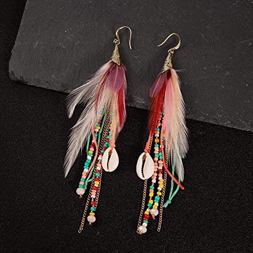 Bohemian Feather Dangle Earrings for Women with Shell Beads Long Tassel Design Drop Earrings - style: Style-Colorful