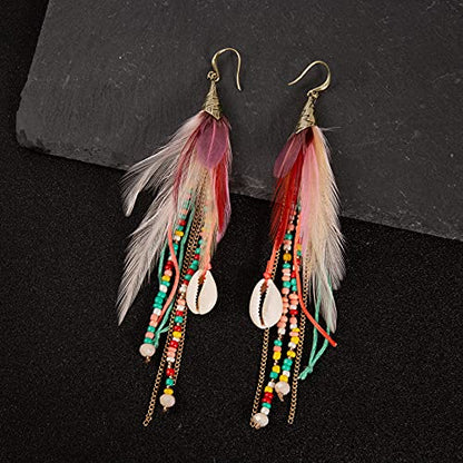 Bohemian Feather Dangle Earrings for Women with Shell Beads Long Tassel Design Drop Earrings - style: Style-Colorful