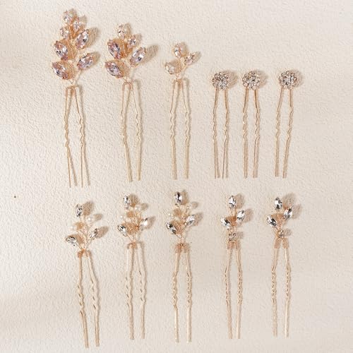 11 Pieces Bride Hair Pins Rhinestones Hair Accessories for Women Crystal Hair Piece for Wedding Bride Women Bridesmaids - color: 02 Gold-TJ-1211