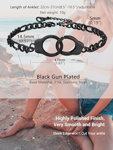 PROSTEEL Trendy Handcuffs Design/Customize Words Ankle Bracelet For Women, 316L Stainless Steel Anklets Silver/Gold/Black Tone, Hypoallergenic, Come with Box - style: 03 Handcuffs Anklet(8.5"-10.5")-Cool Black