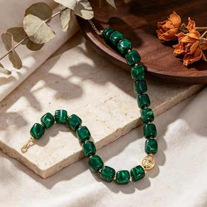 Beaded Necklaces for Women Boho Chunky Necklace Statement Big Resin Bead Choker Fashion Summer Beach Jewelry - color: Dark Green