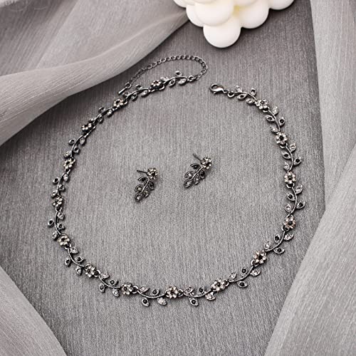 Austrian Crystal Rhinestone Choker Necklace Dangle Earring Link Bracelet Jewelry Set for Brides Bridesmaid Prom Costume Accessories for Women - color: En001-Jet-Black Diamond
