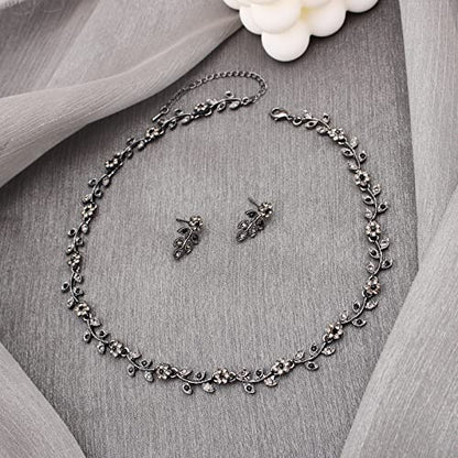 Austrian Crystal Rhinestone Choker Necklace Dangle Earring Link Bracelet Jewelry Set for Brides Bridesmaid Prom Costume Accessories for Women - color: En001-Jet-Black Diamond