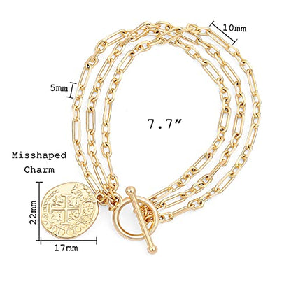 PEARLADA 18k Gold Plated Chain Layerd Bracelet Coin Charm Toggle Bracelet Trendy Cubic Zirconia Jewelry - color: 1. Tripple strand cross