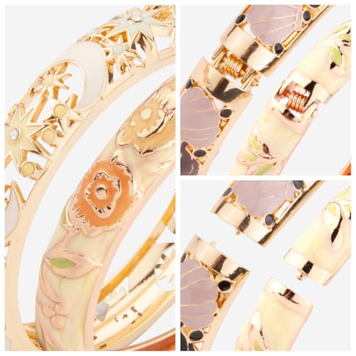 wynameleri Womens Multi-colors Cloisonne Bracelets Flower Enameled Gold Plated Hinged Cuff Bangles Jewelry Gift 3 Packs - color: 3 Pcs Set-Cream Yellow
