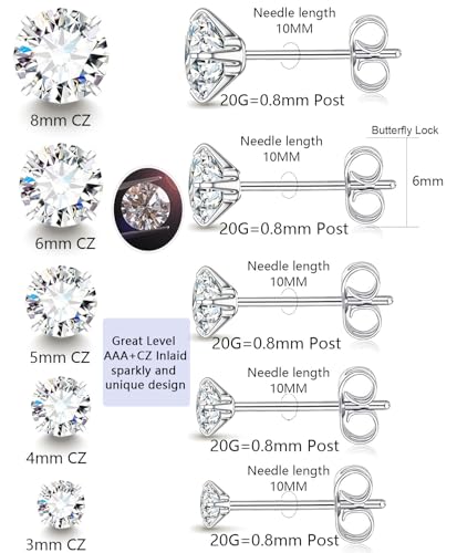 Stainless Steel Stud and Hoop Earrings Sets for Ear Stacks | Choose gold or silver pearl studs, CZ studs, flat backs, butterfly backs, hoops and multi-pair ear stack sets. - color: 5 Pairs 20G Silver