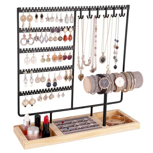 Ciormis Jewelry Organizer Stand， 5-Tier Earring Holder for Women and Girls | Earring Organizer with 72 Holes and 12 Hooks, Practical Jewelry Stand and Display Tree, Black Necklace Holder for Friend Gift - color: Black-new
