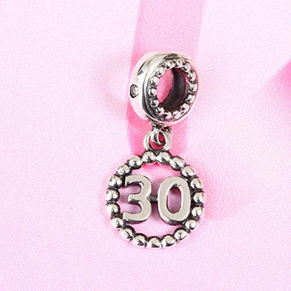 5,10,15,16,17,18,20,21,25,30,35,40,42,49,50,55,60,65,70 Number Charms for European Bracelet, 925 Sterling Silver Birthday Pendant Beads with CZ, Gifts for Mothers Day/Anniversary - color: Silver Color Number 30 Charm