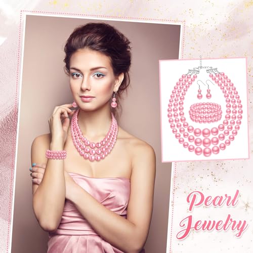 Haysandy Pearl Jewelry Set for Women 20s Jewelry Gift | Retro Layered Necklace Bracelet Earring, Costume Accessories for Derby Wedding Prom Party, Dress Matching Occasions - color: Pink