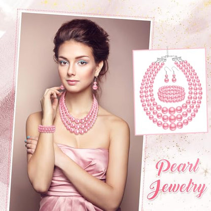 Haysandy Pearl Jewelry Set for Women 20s Jewelry Gift | Retro Layered Necklace Bracelet Earring, Costume Accessories for Derby Wedding Prom Party, Dress Matching Occasions - color: Pink