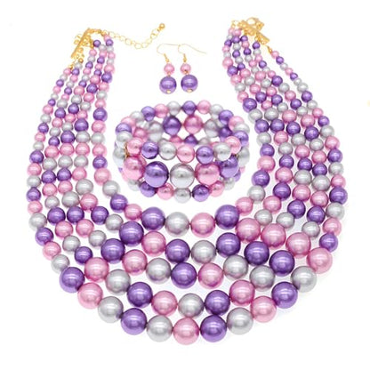 Faux Big Pearl Srand Necklaces for Women 5 Layers Pearls Choker Bib Collar Necklace Bracelet and Earrings set 1920s Costume Pearl Jewelry Bridal Wedding - color: colorful purple