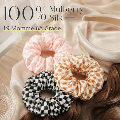 ZIMASILK 100% Pure Mulberry Silk Hair Scrunchies for Women | No Damage - Gentle Elastic Hair Ties for Ponytail Holder - Hair Accessories (3 Pack, Checkered) - color: Checkered Pattern (3pcs)
