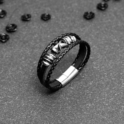 6Pcs Men Braided Leather Bracelet Black Punk Rock Skull Bracelet - color: C: Black