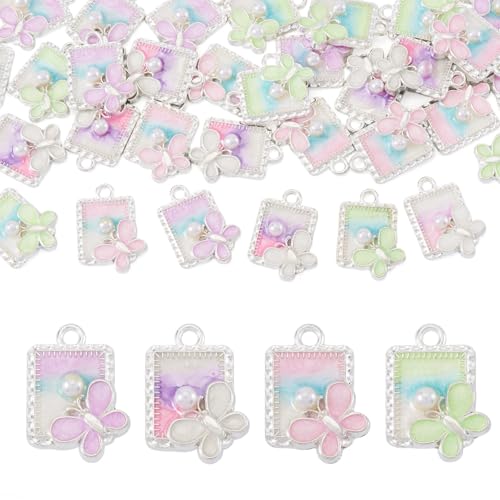 32Pcs Alloy Enamel Butterfly Charms Silver Gold Plated Oil Painting Pendants with Pearl Bead Vintage Pastel Pink Rectangle Charms for Bracelet Necklace Earring - color: Silver Plated, Rectangle with Butterfly