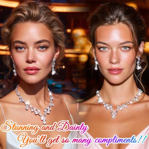 Gold Rhinestone Jewelry Set Bridal Wedding Necklace Earrings Sets Prom Formal Costume Jewelry for Women and Brides - color: Silver