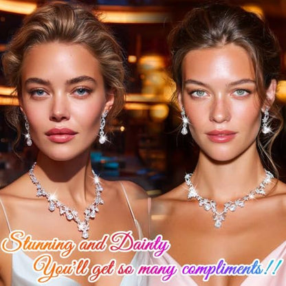 Gold Rhinestone Jewelry Set Bridal Wedding Necklace Earrings Sets Prom Formal Costume Jewelry for Women and Brides - color: Silver