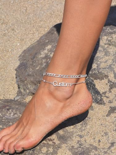 FindChic Custom Ankle Bracelets for Women, Stainless Steel Figaro/Cuban/Wheat/Rope/Herringbone Chain Anklets, Beach Foot Jewelry 8.5''-10.5'' Adjustable & Waterproof, with Gift Box - style: Figaro Chain-Silver