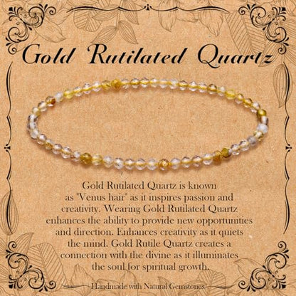 BONNY BOXX Natural Genuine Gemstone Faceted Round Beads Bracelets, 3mm Adjustable Stretchy Tiny Faceted Black Tourmaline Bracelet, Healing Crystal Reiki Chakra Dainty Jewelry Fashion Gifts - color: Gold Rutilated Quartz