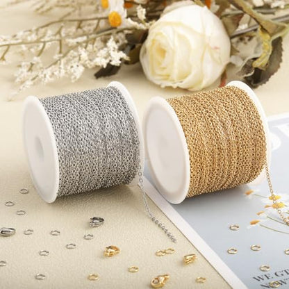 SMYHTGLIF 2 Rolls Total 65.6 Feet Oval Cable Chain for Jewelry Making | Gold & Silver Stainless Steel Jewelry Making Chains DIY Craft Chain Bulk Roll Jewelry Findings - size: 1.9×1.5mm