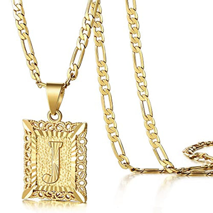 KissYan Initial Letter Pendant Necklace for Men Women, 14K Gold Plated Square Capital Monogram Necklace Alphabets from A-Z Figaro Chain Jewelry | 14K Gold Filled/White Gold Plated, Square Letter Capital Monogram Pendant with 20''+2'' Figaro Chain, Alphabe