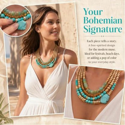 Turquoise Jewelry for Women Chunky Beaded Necklaces Boho Statement Necklace Layered Turquoise Necklaces for Women Fashion Gift - color: Lightblue