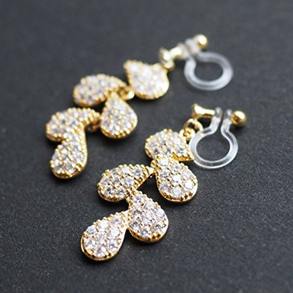 Drop Cubic Zirconia Invisible Clip On Earrings for Women Not Pierced Gold Teardrop Sqaure CZ Crystal Dangle Gold Silver Comfortable Clip On Earrings Bridal Wedding Prom - color: Leaf Gold