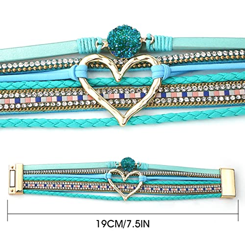 Suyi Multilayer Leather Wrap Bracelet Heart-Shape Wide Bracelets for Women - color: Light Blue
