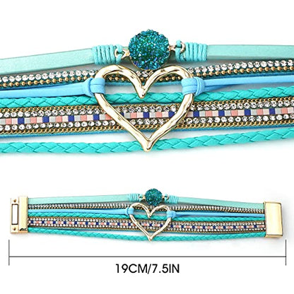 Suyi Multilayer Leather Wrap Bracelet Heart-Shape Wide Bracelets for Women - color: Light Blue