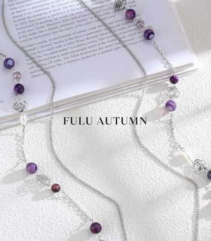 FULU AUTUMN Long Layered Silver Necklaces for Women - Natural Stone and Dainty Flower Beaded Sweater Chain Fashion Jewelry Gifts - color: Purple