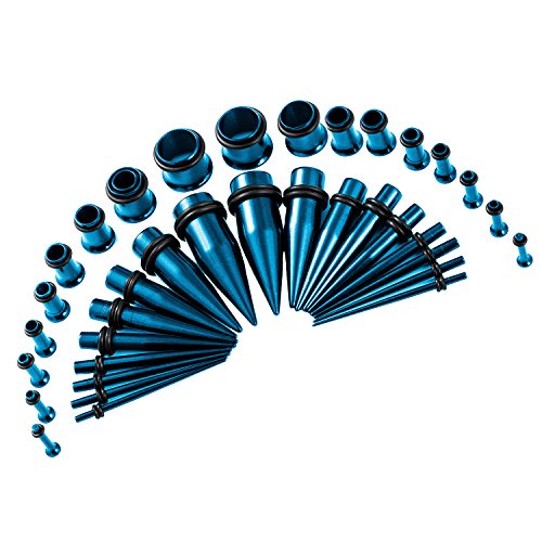 36pcs Ear Stretching Kit 14G-00G Surgical Steel Tapers Tunnels Gauges Set for Starter Women and Men Expanders Body Piercing Jewelry - color: Blue
