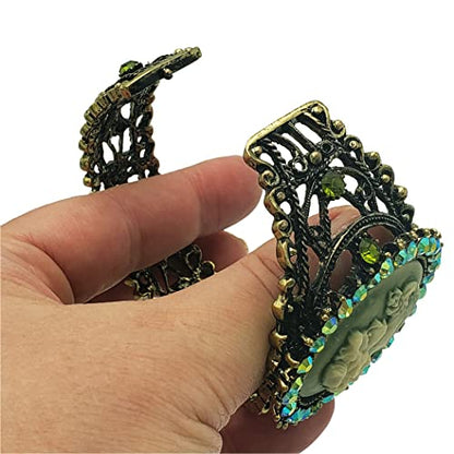 Rosemarie & Jubalee Women's Stunning Vintage Inspired Burnished Gold Statement Victorian Elegance Metal Frame Hinged Cuff Bangle Bracelet, 6.75" - style: Green Cameo