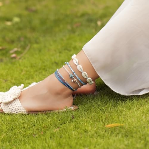 Beaded Anklet Bracelets For Women Waterproof Gold Anklets Jewelry Set Stack | non tarnish free pearl puka seashell beach boho stretchy anklet for summer dainty and tewiky gold plated - color: Blue Jewelry