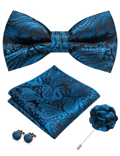 JEMYGINS Mens Paisley Bow Tie and Lapel Pin Necktie Pocket Square and Tie Clip with Sets for Business Casual 4PCS - color: Teal Blue