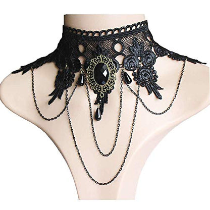 Halloween Women Lady Goth Punk Necklace Lace Collar Choker Wedding Jewelry | Dumcondy Black Steampunk Elegant Sexy Statement Retro Victorian Cosplay Night Club Party Princess Neck Chain (5 Pieces/Set)