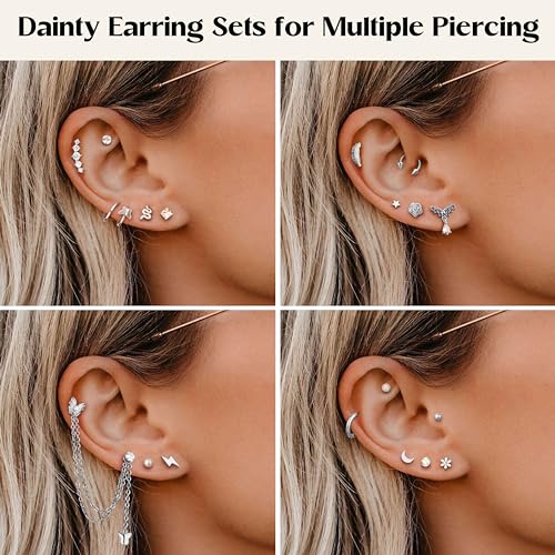 Besteel 27Pcs Flat Back Earrings Hypoallergenic Surgical Steel Stud Earring Stacks Set Dainty Chain Dangle Cartilage Tragus Daith Helix Piercing Jewelry for Women Men Trendy 16G - color: Silver