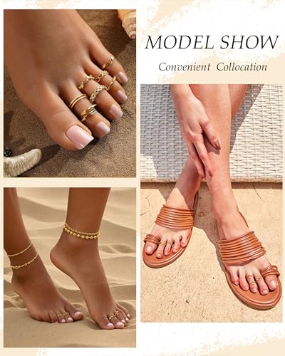 TOBENY 12PCS Gold Toe Rings for Women Non Tarnish Adjustable Open Set | Rose Black Waterproof Toe Ring Set, Sterling Silver Toe Rings, Flower Arrow Tail Band, Dainty Summer Beach Foot Jewelry - color: B-Gold