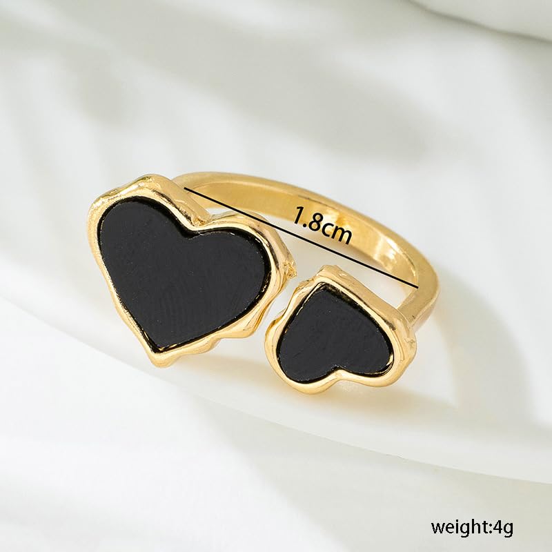 Retro Enamel Double Hearts Open Statement Ring for Women Fashion Simple Asymmetry Love Hearted Wrap Finger Knuckle Adjustable Bands Rings Gold Plated Wedding Eternity Promise Engagement Jewelry - color: Black