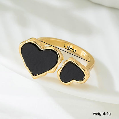 Retro Enamel Double Hearts Open Statement Ring for Women Fashion Simple Asymmetry Love Hearted Wrap Finger Knuckle Adjustable Bands Rings Gold Plated Wedding Eternity Promise Engagement Jewelry - color: Black