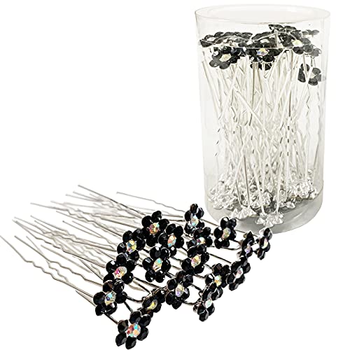 Rhinestone Flower Hair Pins, 40 Pcs U-Shaped Crystal Party Wedding Bridal Hair Accessories for Women Girls (Black) - color: Black