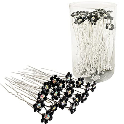 Rhinestone Flower Hair Pins, 40 Pcs U-Shaped Crystal Party Wedding Bridal Hair Accessories for Women Girls (Black) - color: Black