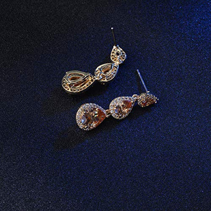 Women's Cubic Zirconia Bridal Earrings - Elegant Long Wedding Party Prom Earring for Bride Bridesmaids Crystal CZ Rhinestone Chandelier Statement Dangle Drop Earrings for Women - color: Champagne