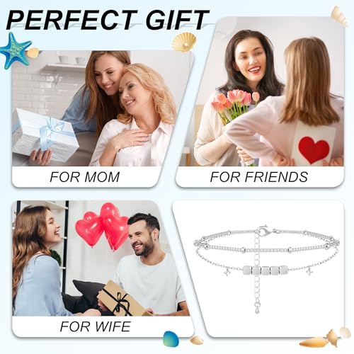 Gold/Sterling Silver Anklet Bracelets for Women Waterproof, Non Tarnish 925 Sterling Sliver Plated Heart Evileye Butterfly Charm, Dainty Summer Beach Anklets for Women, Beach Vacation Bikini Outfits for Her Mom - style: Beaded-Silver