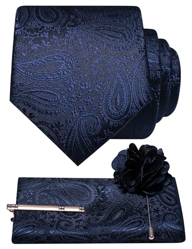 JEMYGINS Mens Paisley Tie and Lapel Pin Necktie Pocket Square and Tie Clip with Sets for Business Casual 4PCS - color: Navy Blue