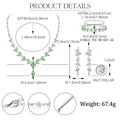 EVER FAITH Marquise Crystal Leaf Bridal Prom Jewelry Set for Women Bride | Rhinestone Wedding Party Necklace Dangle Earrings Tennis Bracelet, for Bridesmaid - color: Light Green Silver-Plated-Base