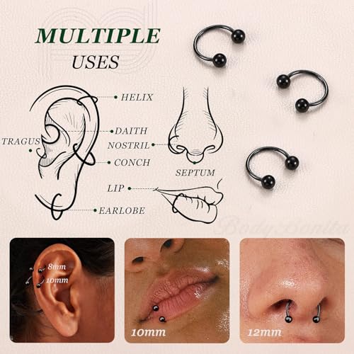 G23 Titanium 14/16/18/20G Septum Rings Horseshoe Nose Ring Jewelry | 2/3Pcs Circular Barbell Spike Lip Body Piercing Jewelry Conch Helix Tragus Earring Silver/Black 8/10/12mm 14K Gold Plated - color: Black-3pcs, size: Balls-3pcs-20g-8mm