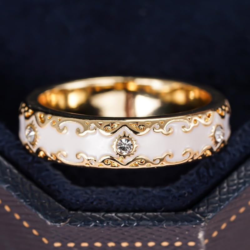 Exquisite Elegant Inlay Zirconia Enamel Golden Wide Rings for Women Daily Wedding Banquet Luxury Jewelry (No Boxes) - color: golden, size: 9