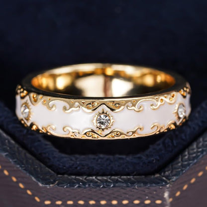 Exquisite Elegant Inlay Zirconia Enamel Golden Wide Rings for Women Daily Wedding Banquet Luxury Jewelry (No Boxes) - color: golden, size: 9